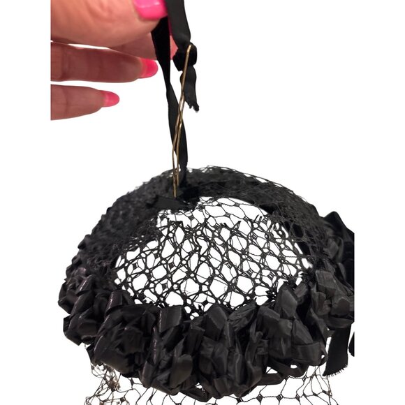 1940s Black Veiled Tilt Hat Velvet Bow Old Hollywood Cocktail Netted main image 9
